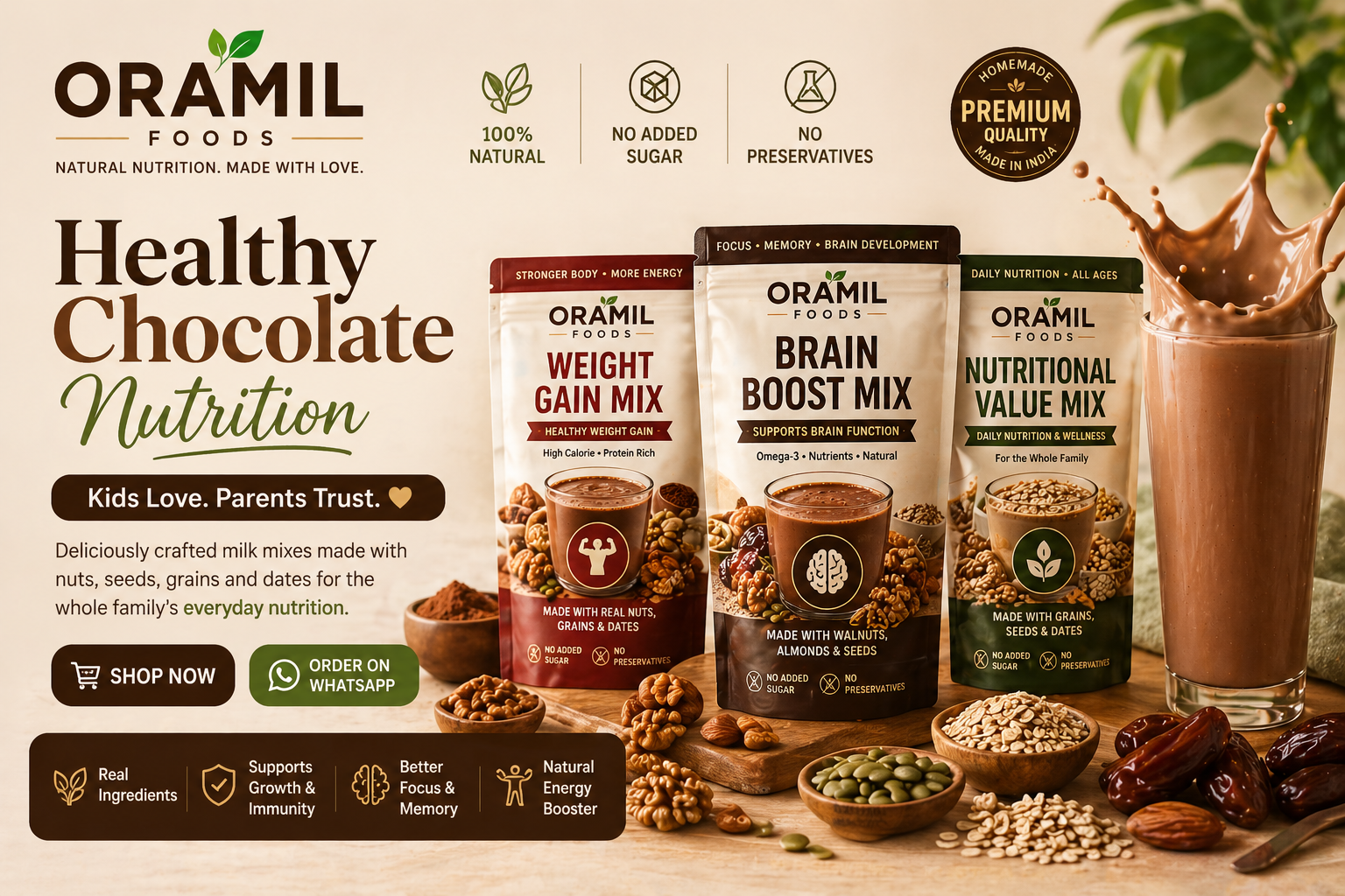 ORAMIL natural nutrition mixes — silver pouches with real food ingredients